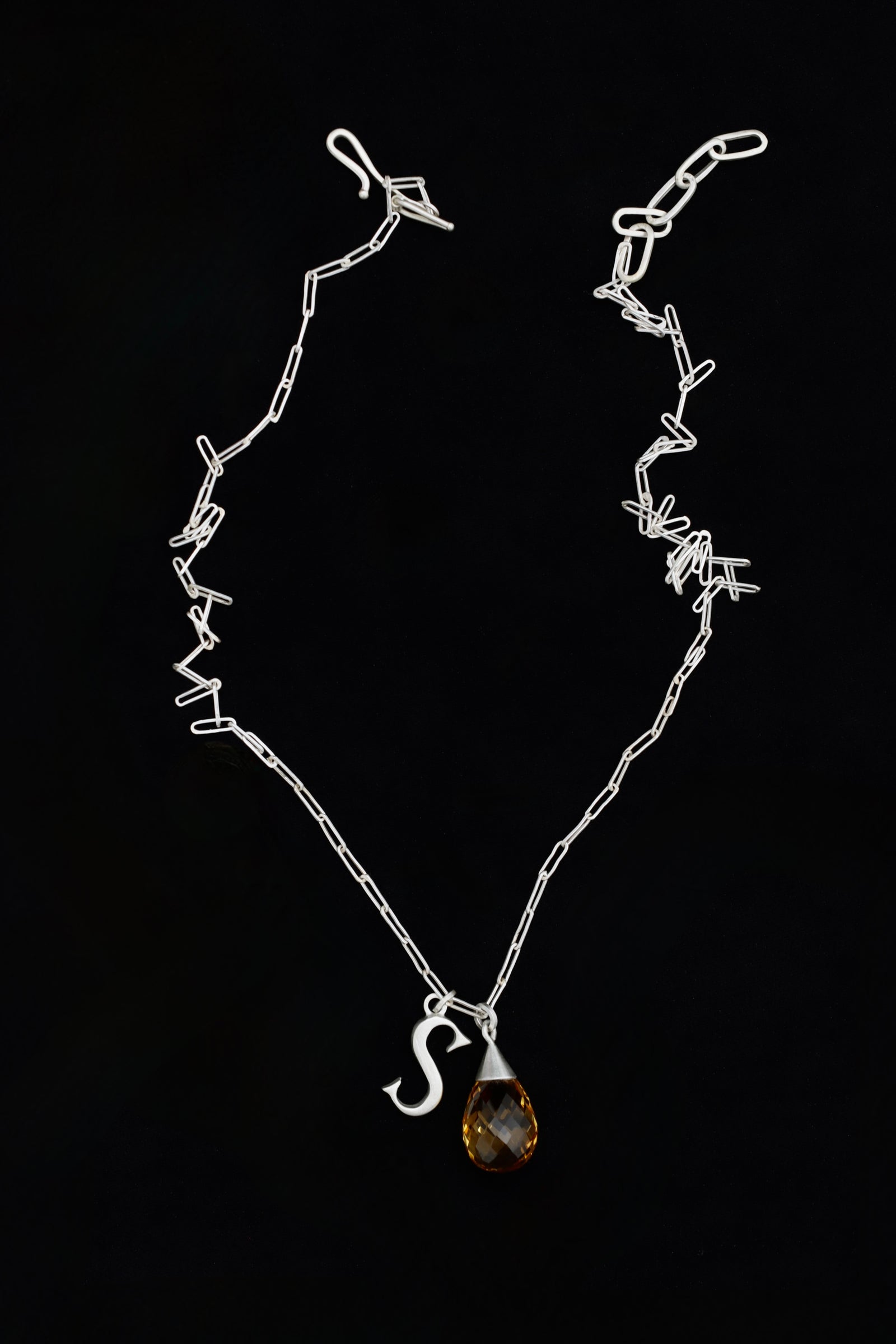 Citrine briolette and initial charm necklace - silver