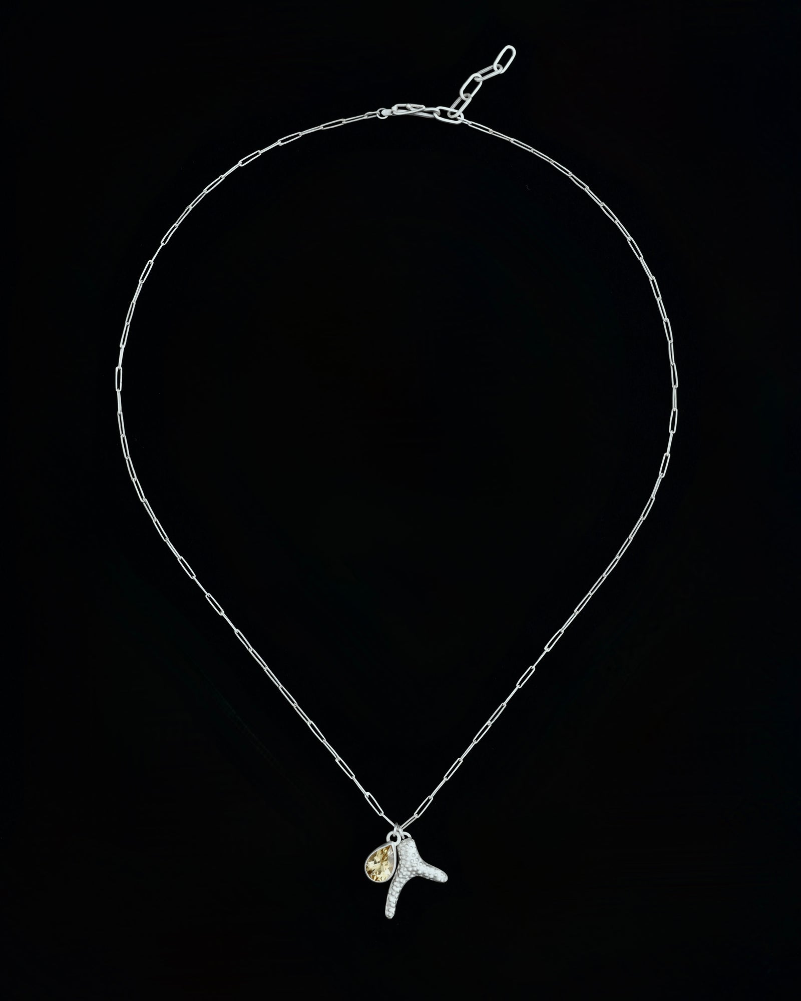 Repoussé coral and citrine teardrop necklace - silver