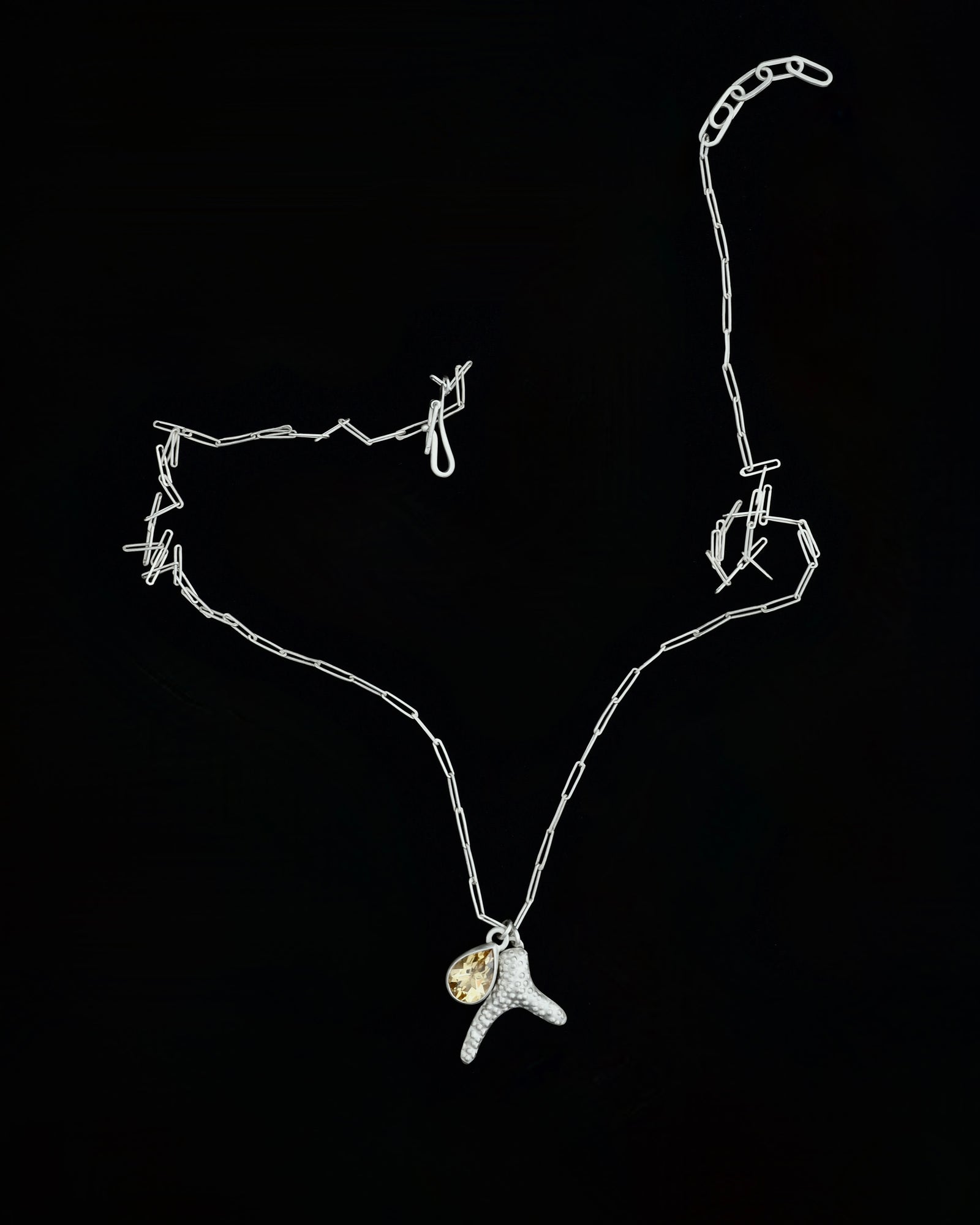 Repoussé coral and citrine teardrop necklace - silver