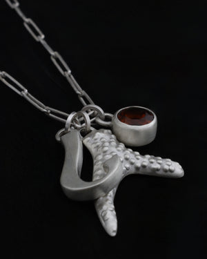 Initial, citrine and coral charm necklace - silver