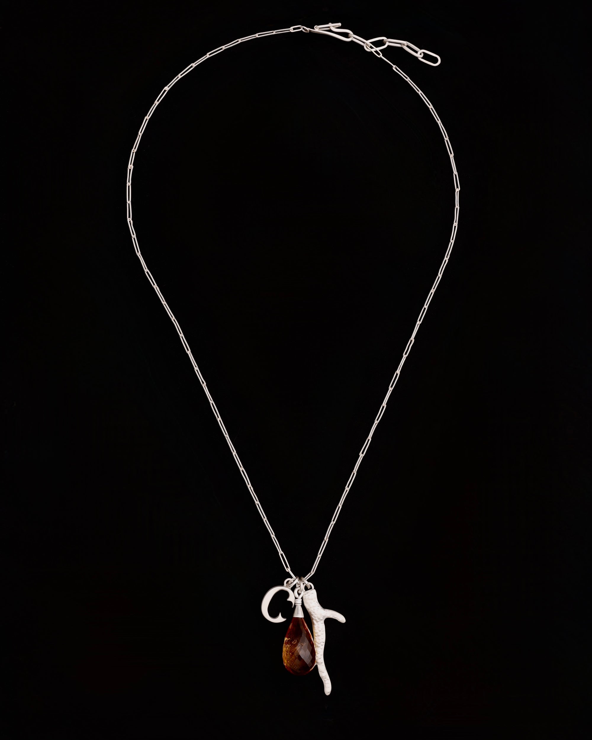 Citrine briolette, initial and coral charm necklace - silver