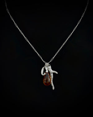 Citrine briolette, initial and coral charm necklace - silver